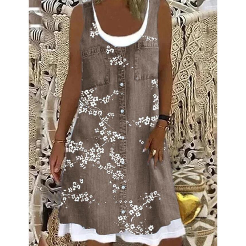 Vestido corto casual de mujer, sin mangas, con textura efecto denim, cómodo y a la moda.