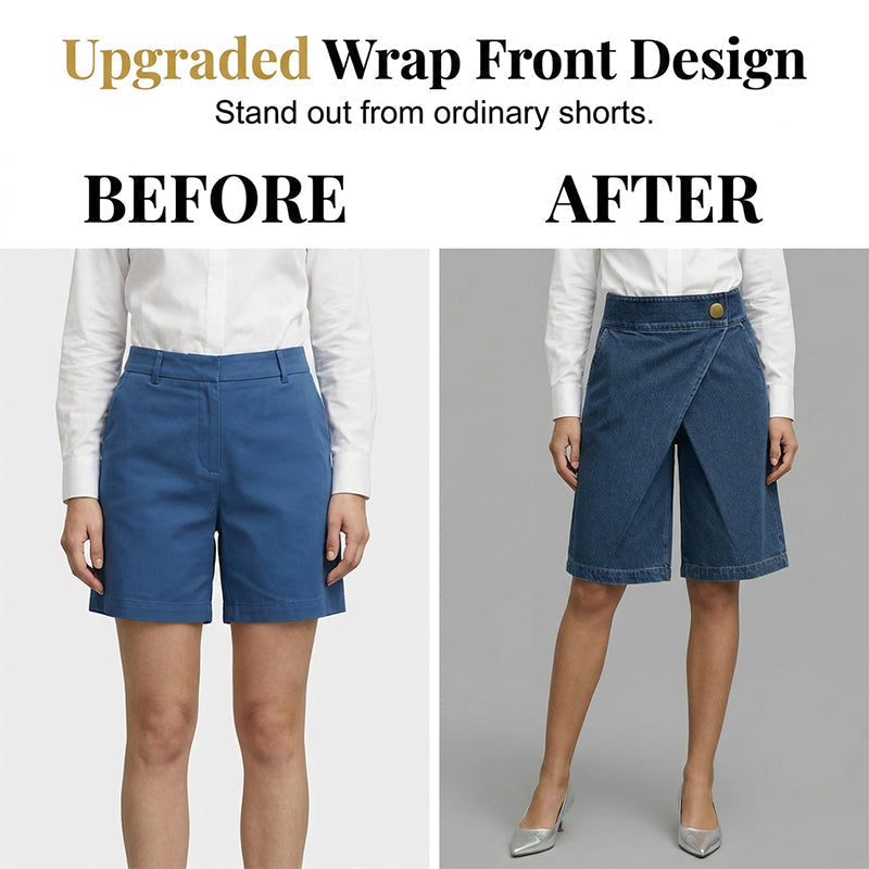 Primer plano de short de mujer efecto denim. Muestra el diseño cruzado asimétrico, tendencia casual.