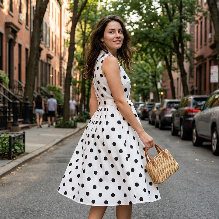 Vestido midi sin mangas para mujer, estampado de lunares, cinturón ajustable. Perfecto para verano.