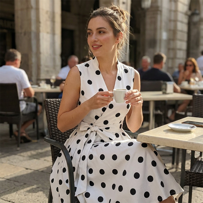 Vestido elegante midi con lunares y cinturón ajustable para mujer. Estilo chic y cómodo.