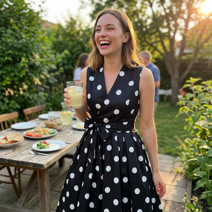 Vestido midi de lunares para mujer, con cinturón que realza la figura. Estilo versátil de verano.