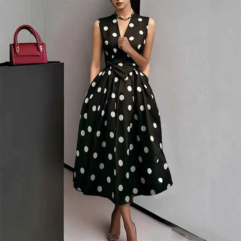 Vestido de mujer sin mangas con estampado de lunares y cinturón. Largo midi, ideal para eventos de verano.