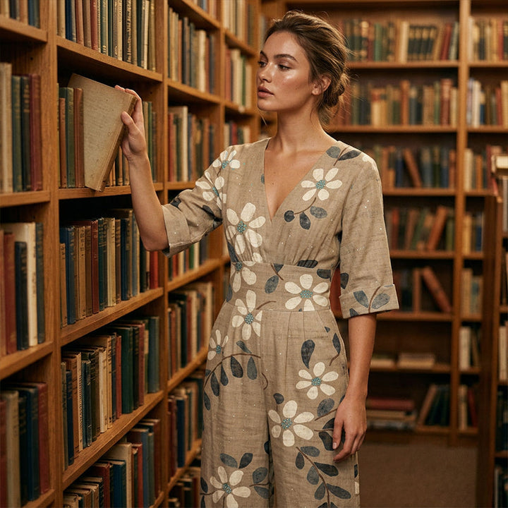 Jumpsuit floral de mujer, diseño veraniego con escote V y cintura definida, estilo moderno.