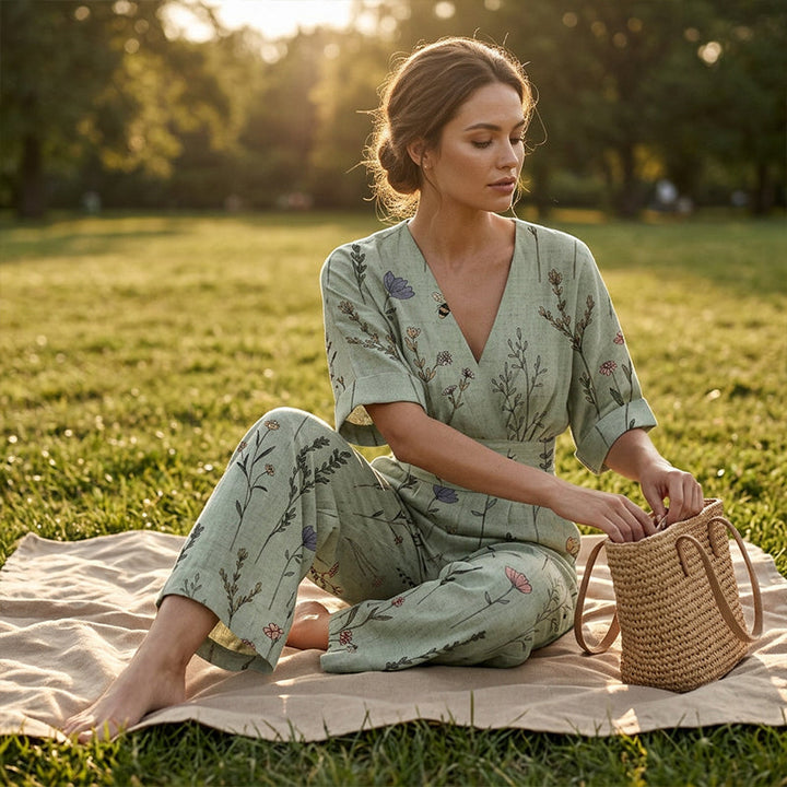Mono floral de verano para mujer, con escote V y cintura alta, estilo casual-elegante y fresco.