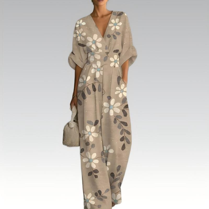 Jumpsuit floral elegante para mujer, con escote V y cintura alta, ideal para verano.