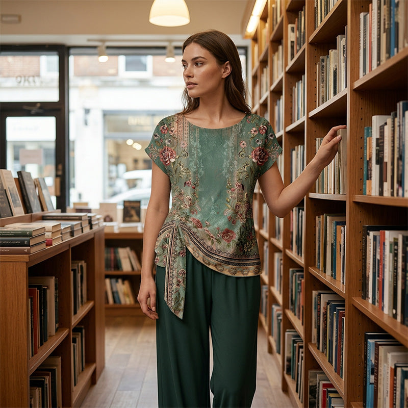 Conjunto de moda: top estampado geométrico y pantalón fluido negro, un outfit cómodo y chic para la mujer moderna.