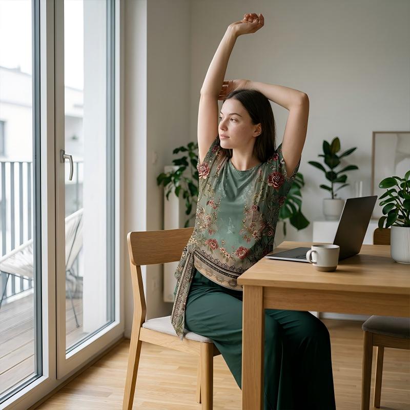 Verano chic: conjunto de mujer con top estampado de paisley y pantalón fluido azul marino, ideal para estilo casual.
