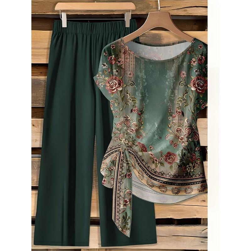 Conjunto chic para mujer: top estampado bohemio y pantalón fluido de tiro alto, perfecto para moda femenina.