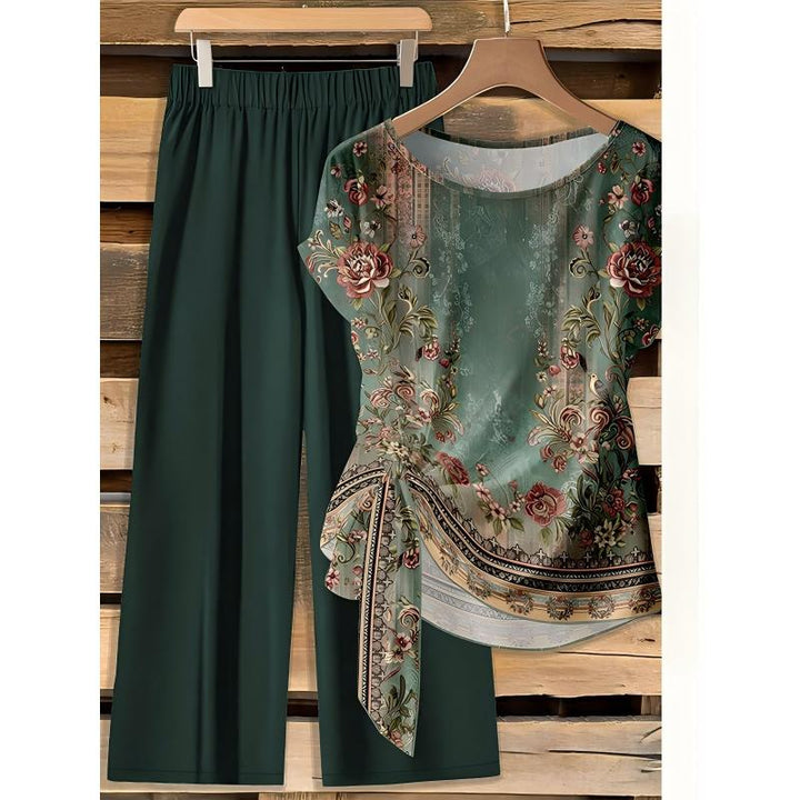 Conjunto chic para mujer: top estampado bohemio y pantalón fluido de tiro alto, perfecto para moda femenina.