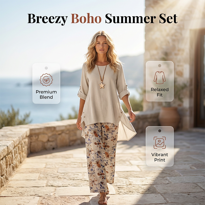 Elegante conjunto de lino y algodón bohemio para mujer, fresco y casual, versátil para playa o paseos de verano.