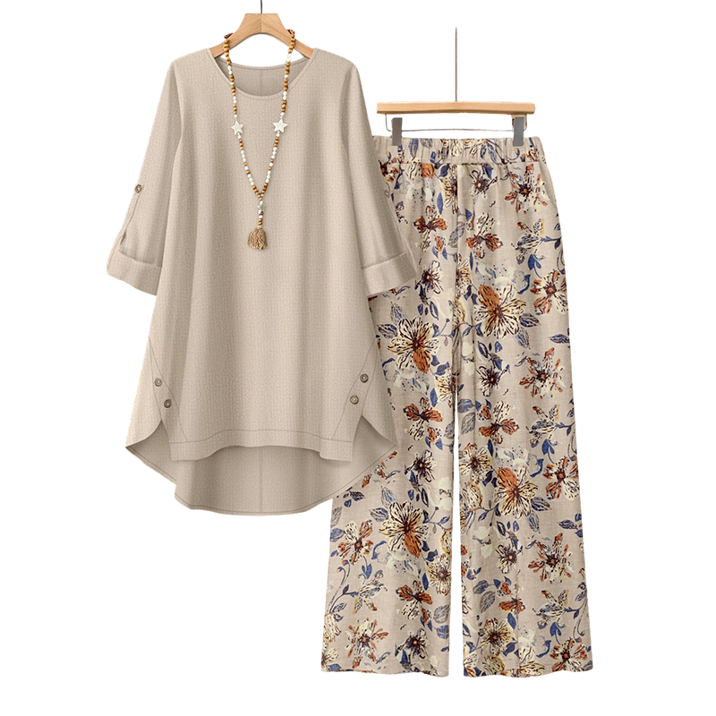 Conjunto floral bohemio de lino y algodón para mujer, con estampado vibrante, ideal para verano y ocasiones casuales.