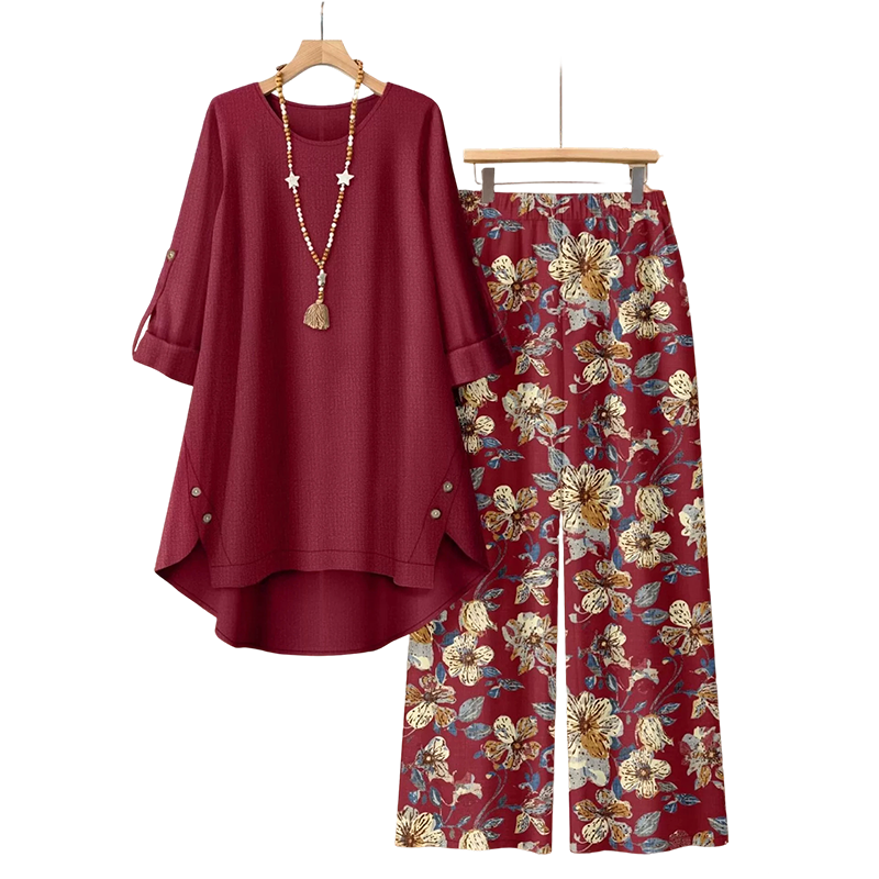 Cómodo conjunto de dos piezas de lino y algodón bohemio para mujer, amplio y fresco, perfecto para la playa.