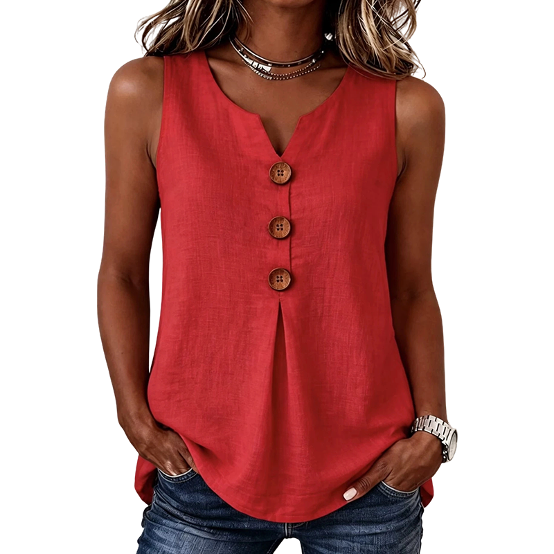 Blusa de mujer casual elegante sin mangas con botones, ideal para uso diario en verano.