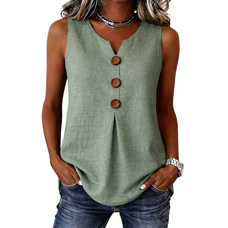 Blusa de verano para mujer sin mangas con cierre de botones, estilo fluido y escote.