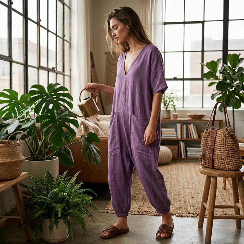 Mono de verano amplio para mujer, con cuello V. Prenda holgada, ligera y fresca para un look de moda casual.