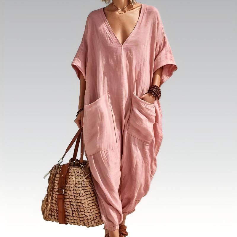Mono de verano amplio para mujer con cuello V. Estilo casual y cómodo, perfecto para días frescos y diario.