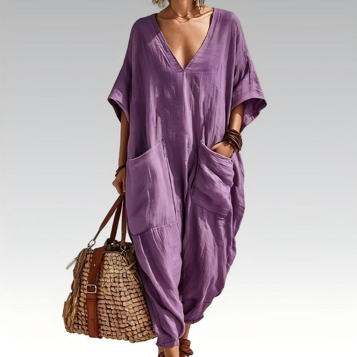 Mono holgado de mujer, ligero y fresco, ideal para el verano. Diseño versátil con escote V para moda casual.
