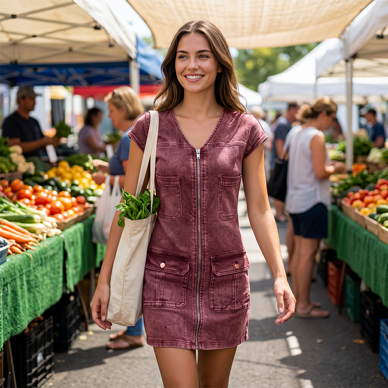 Vestido casual de mujer estilo denim, ideal para el día a día. Con cremallera y bolsillos, muy práctico.