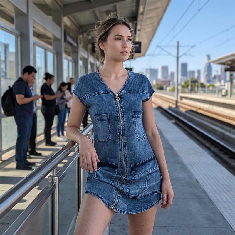 Vestido estilo denim para mujer, cómodo y casual, con detalles de cremallera y bolsillos prácticos.