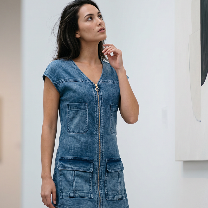 Vestido casual de verano para mujer, estilo denim, con cremallera. Perfecto para un look relajado.
