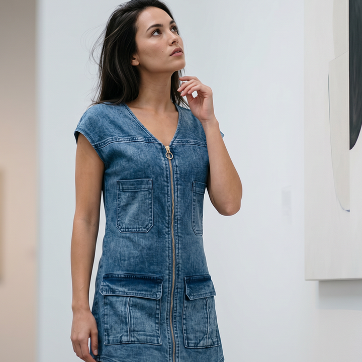 Vestido casual de verano para mujer, estilo denim, con cremallera. Perfecto para un look relajado.