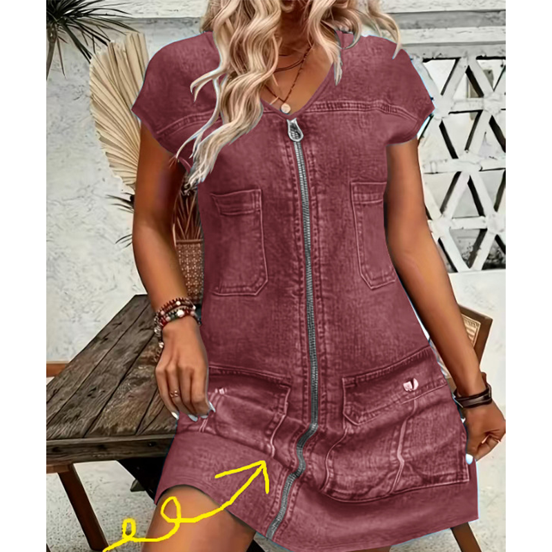 Vestido denim de moda para mujer, casual y cómodo, con cremallera decorativa y bolsillos amplios.