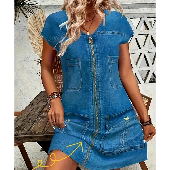 Vestido esencial de mujer, casual y fresco, efecto denim, con cremallera fácil de usar y bolsillos.