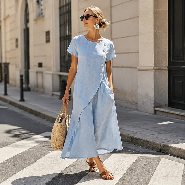 Vestido midi de mujer con efecto lino. Ropa cómoda y transpirable para primavera/verano, con estilo casual y bolsillos.