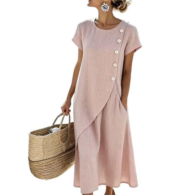 Elegante vestido midi para mujer con efecto lino. Estilo fresco y cómodo, ideal para primavera/verano con bolsillos.