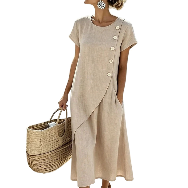 Vestido midi casual de mujer con botones y bolsillos. Perfecto para el verano, con un toque fresco y de efecto lino.