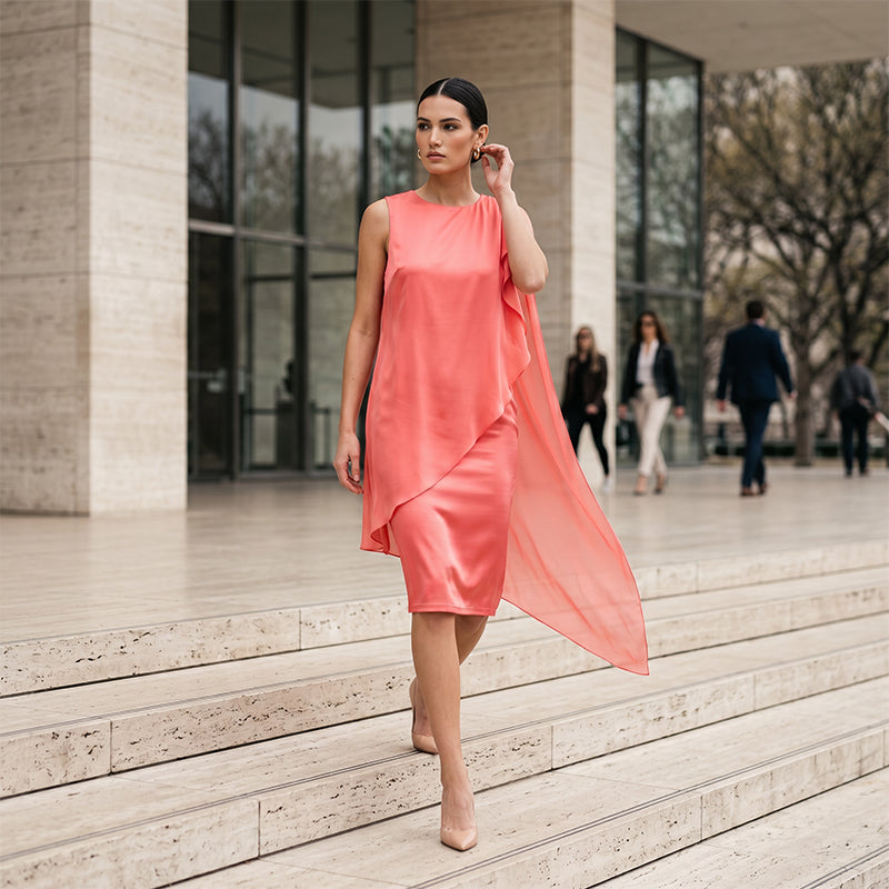 Vestido de mujer asimétrico en muselina fluida, ideal para verano y eventos elegantes.