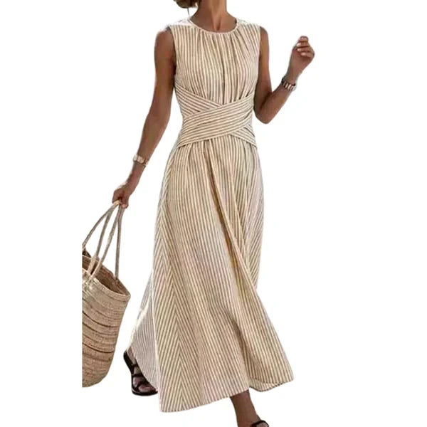 Vestido fluido de rayas para mujer, ligero, fresco y con cintura cruzada, perfecto en verano.