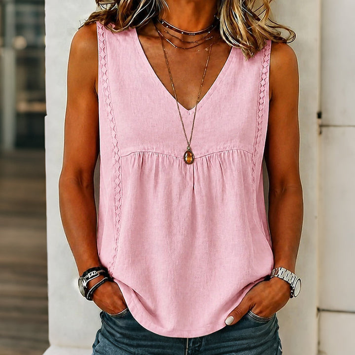 Top fluido y cómodo para mujer, estilo sin mangas con encaje en V, perfecto para primavera/verano.