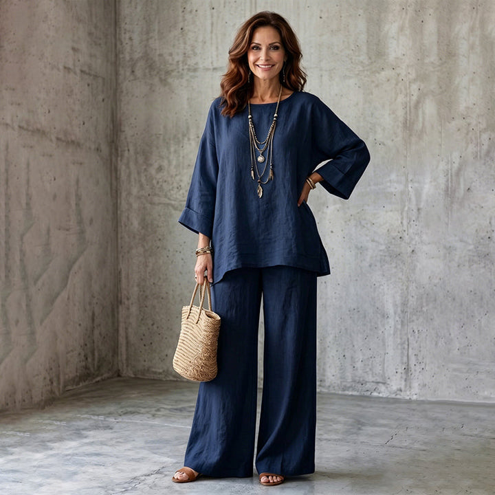 Moda femenina cómoda: conjunto de blusa y pantalón ancho. Ideal para un estilo elegante en primavera y verano.