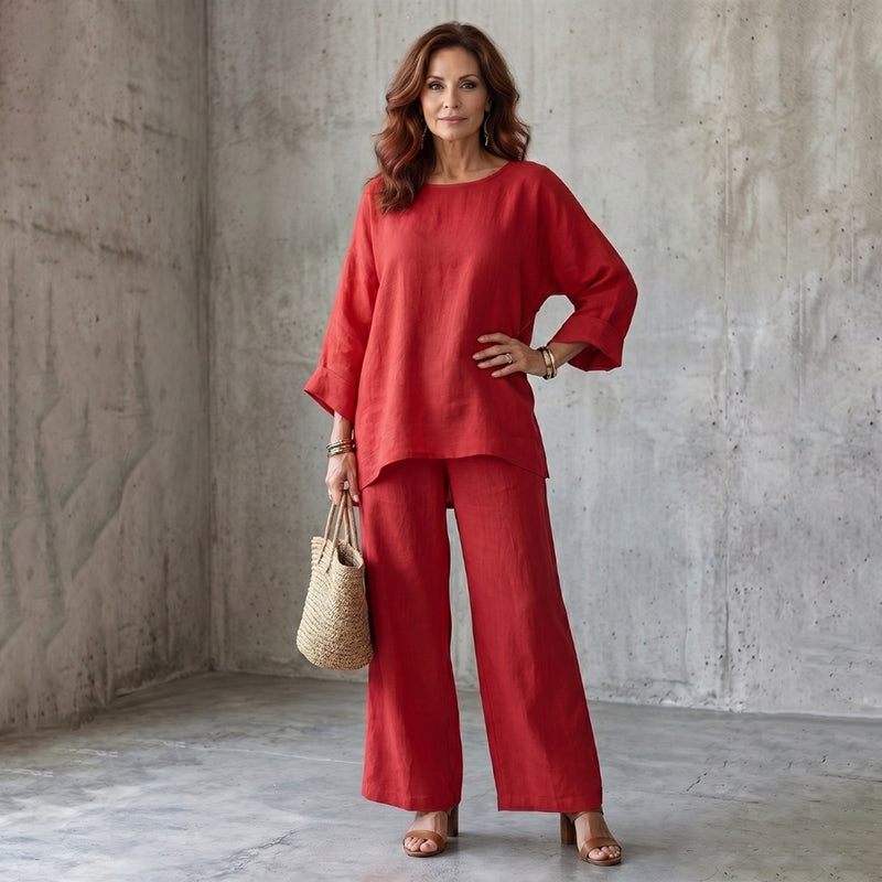 Conjunto de dos piezas versátil para mujer: blusa suelta y pantalón ancho. Estilo casual elegante para cualquier día.