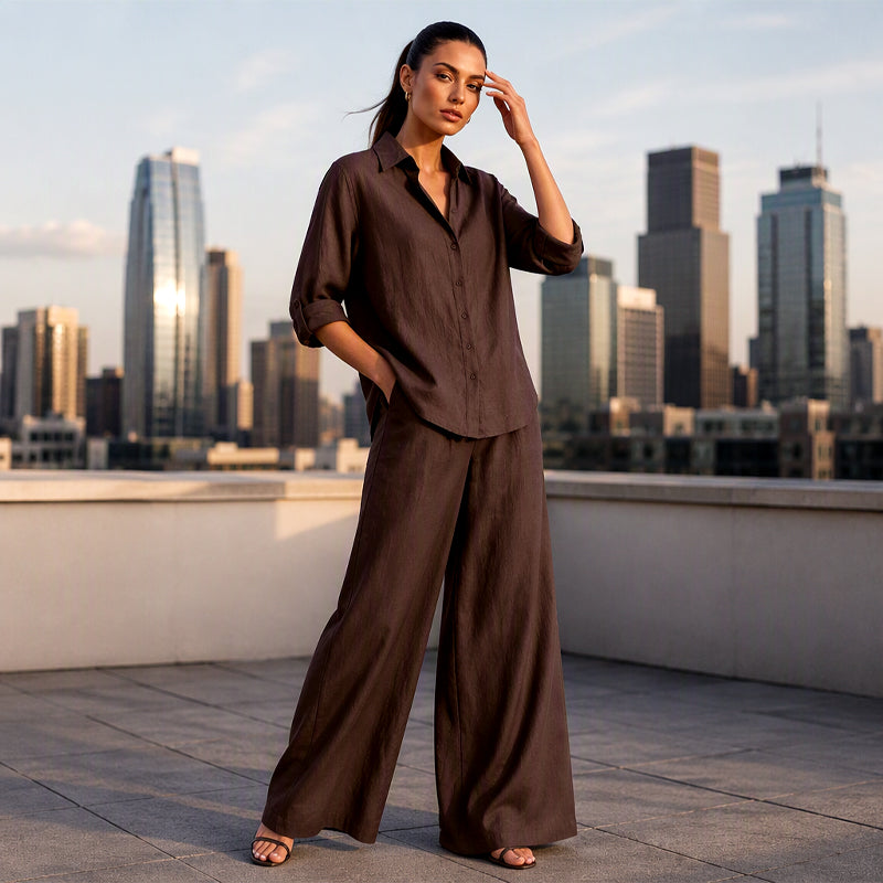 Conjunto para mujer: camisa abotonada y pantalón ancho. Ideal para ropa de oficina, eventos y un estilo casual elegante.