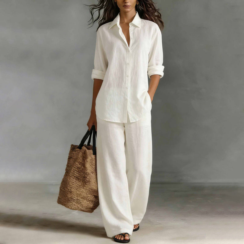 Conjunto de 2 piezas para mujer: camisa abotonada y pantalón ancho elegante. Ideal para oficina, casual chic y viajes.