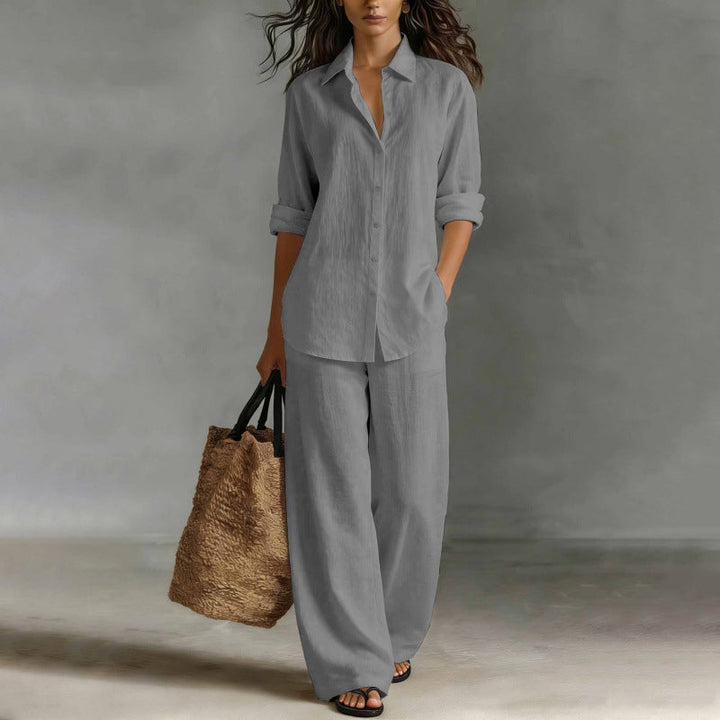 Moda femenina chic: conjunto cómodo de camisa abotonada y pantalón ancho. Estilo elegante para primavera, verano u oficina.