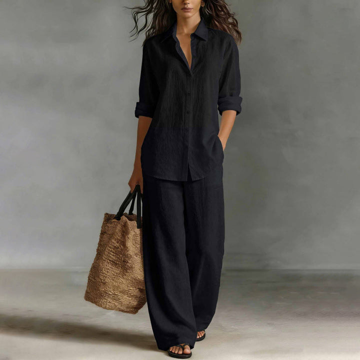 Conjunto versátil de camisa abotonada y pantalón ancho. Ropa de moda femenina, cómoda para primavera/verano y viajes.