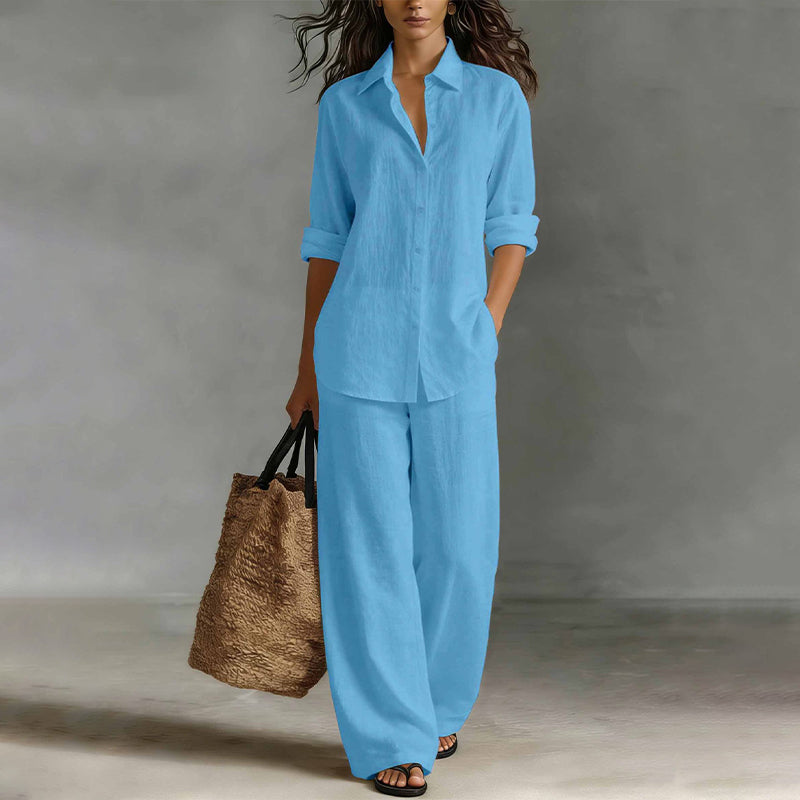 Conjunto de camisa abotonada y pantalón ancho. Ropa de moda femenina elegante y cómoda, perfecto para cualquier ocasión.