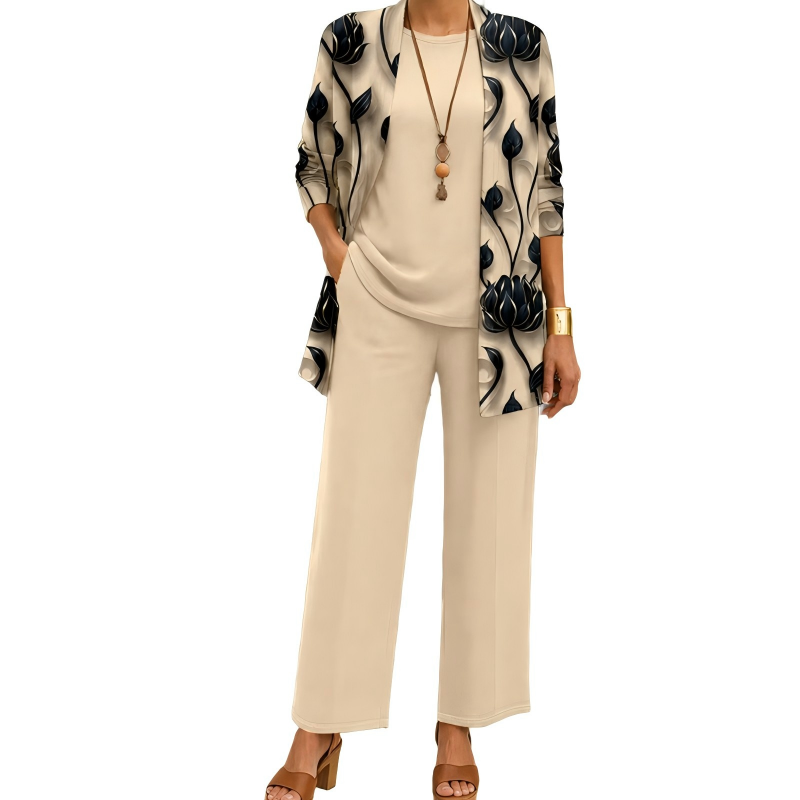 Conjunto elegante de tres piezas para mujer con cárdigan estampado, blusa y pantalón fluido. Ideal casual chic.