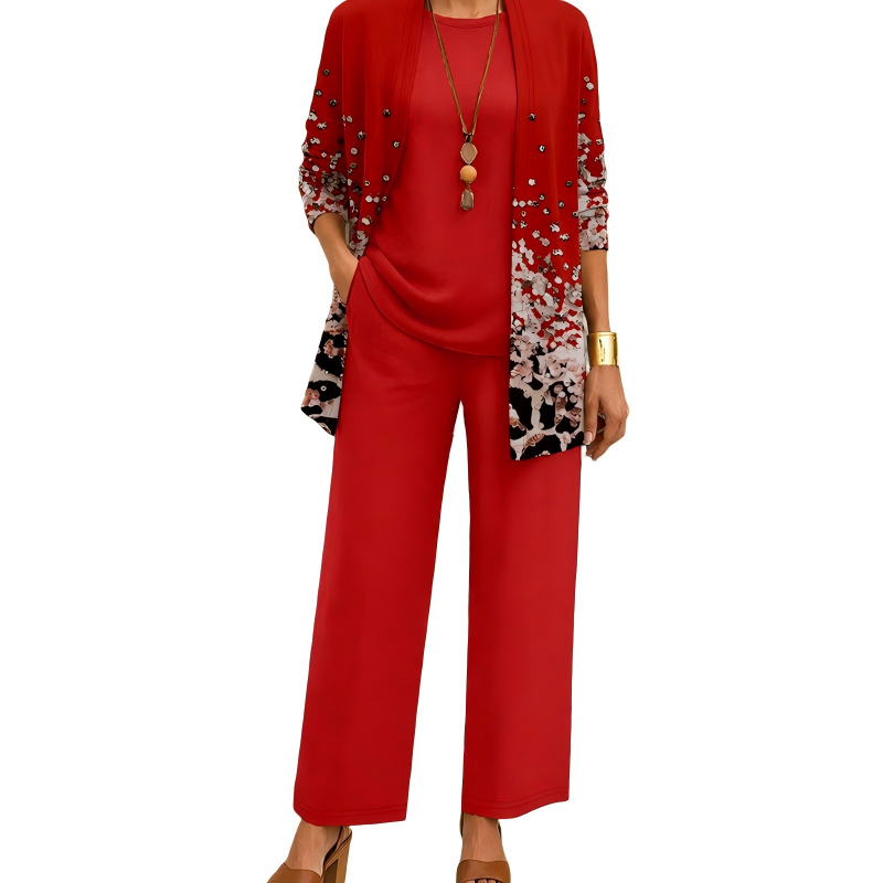 Ropa de primavera/otoño: conjunto de mujer de tres piezas con cárdigan estampado y pantalón fluido elegante.