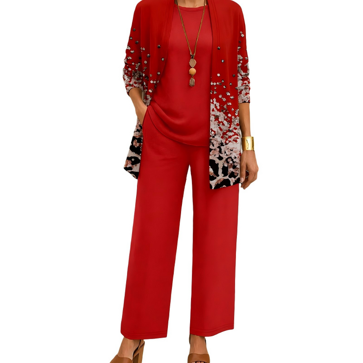 Ropa de primavera/otoño: conjunto de mujer de tres piezas con cárdigan estampado y pantalón fluido elegante.