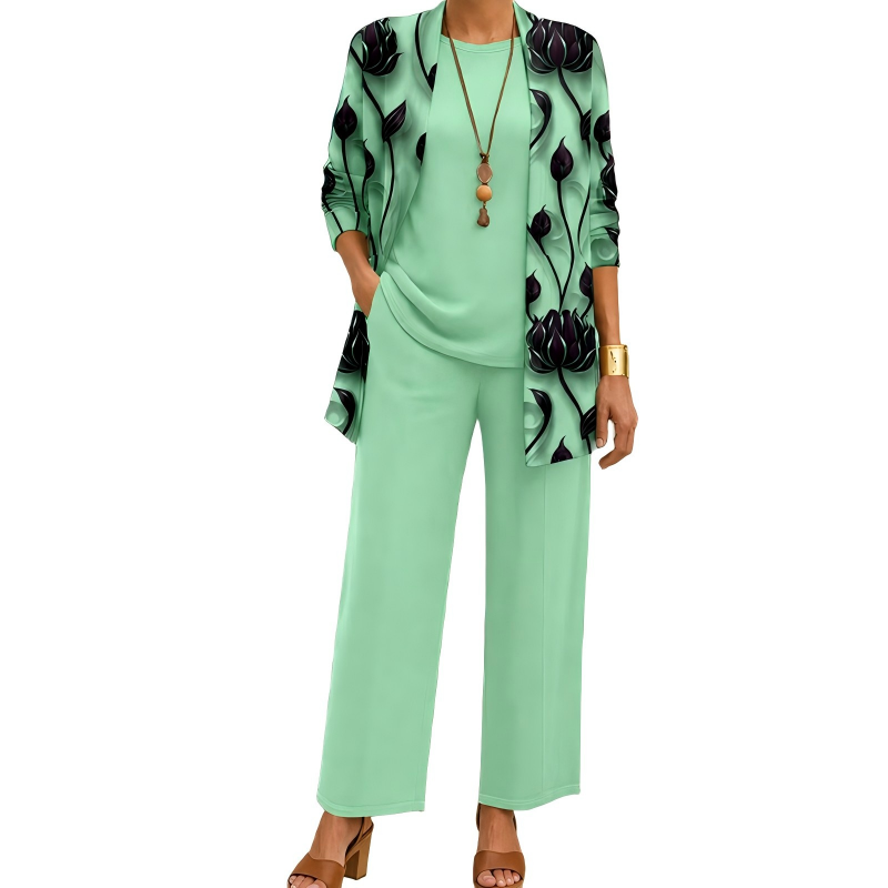 Conjunto de tres piezas cómodo y elegante para mujer, con cárdigan estampado y pantalón fluido. Estilo chic.