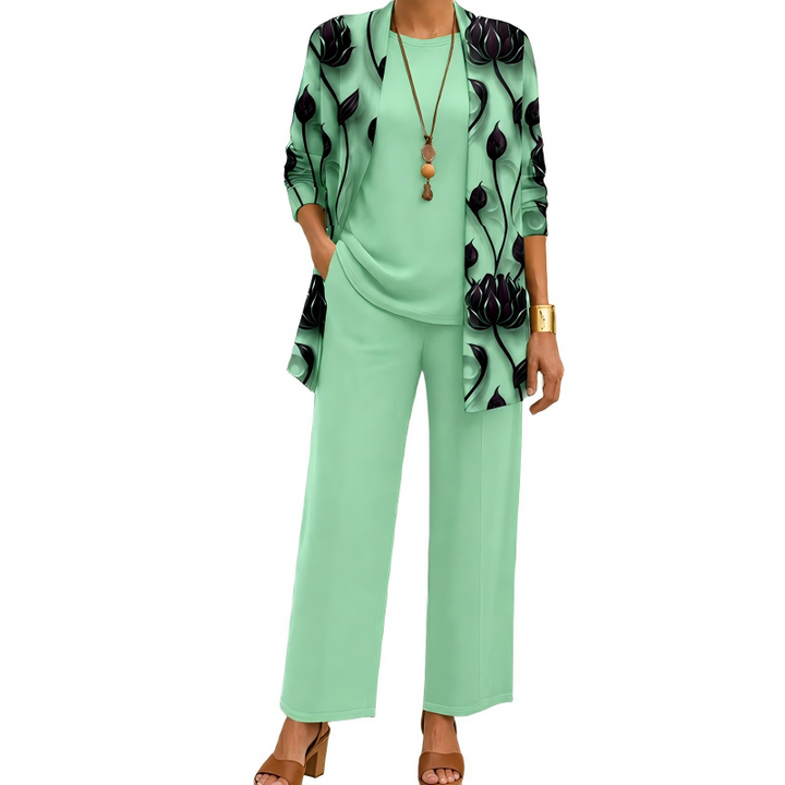 Conjunto de tres piezas cómodo y elegante para mujer, con cárdigan estampado y pantalón fluido. Estilo chic.