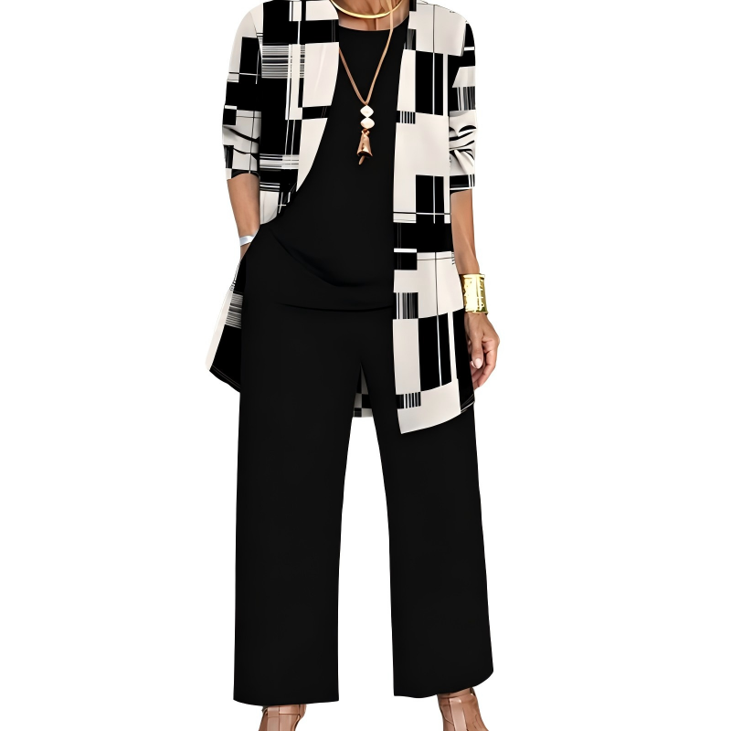 Conjunto casual chic de mujer: cárdigan estampado, blusa y pantalón fluido. Tres piezas elegantes para el día a día.