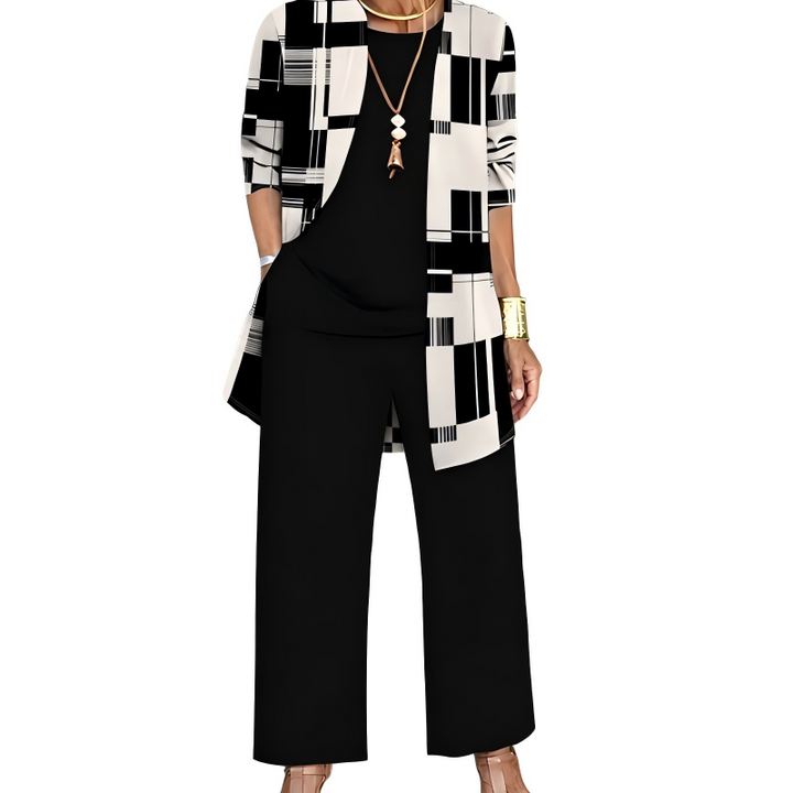 Conjunto casual chic de mujer: cárdigan estampado, blusa y pantalón fluido. Tres piezas elegantes para el día a día.