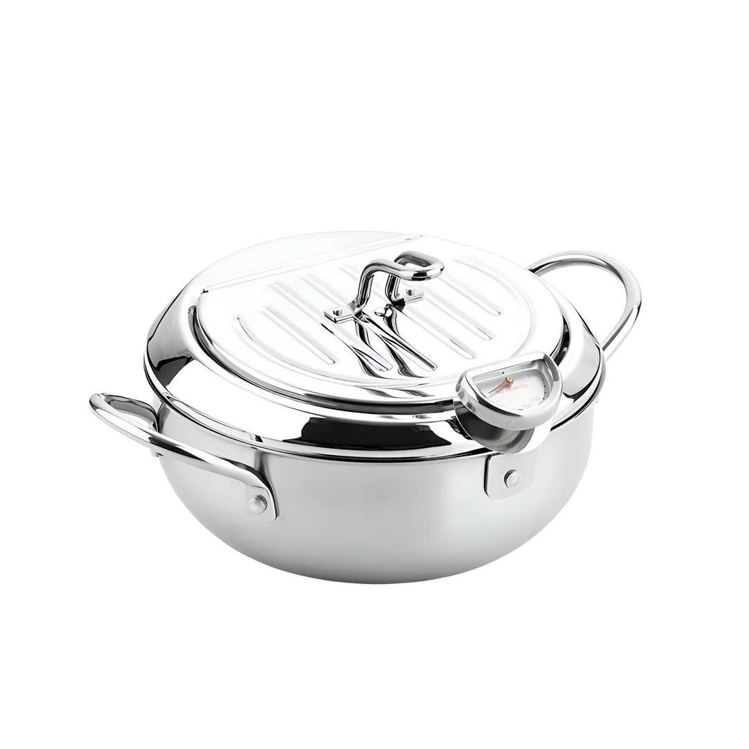 Moderna olla freidora de acero inoxidable para cocinar frituras saludables con termómetro.