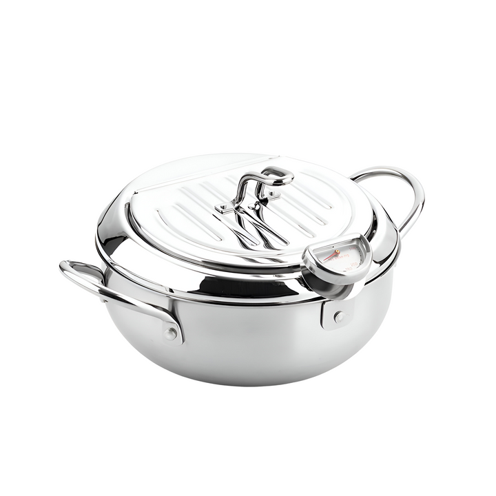 Moderna olla freidora de acero inoxidable para cocinar frituras saludables con termómetro.