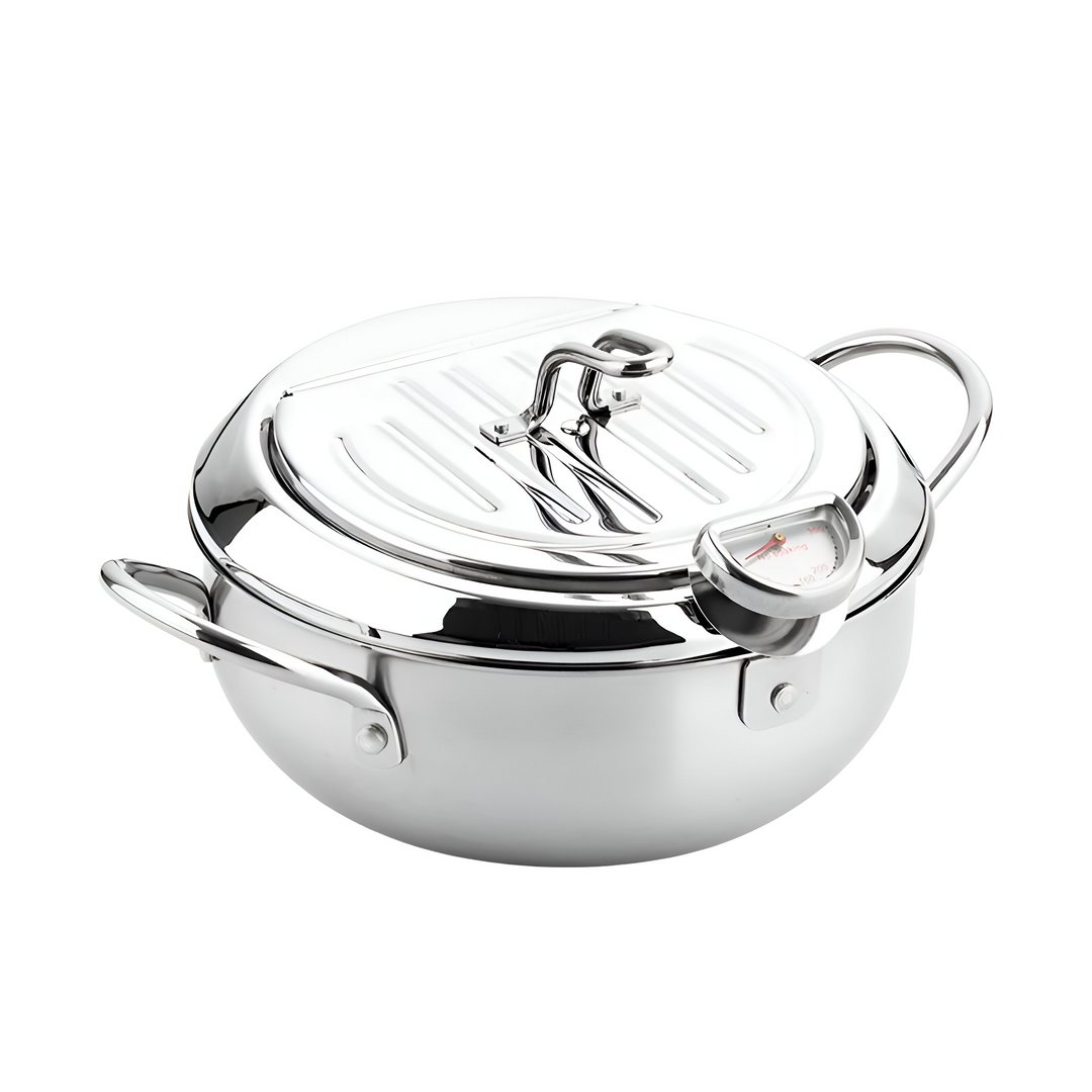 Olla para freír de acero inoxidable con termómetro; utensilio de cocina imprescindible para chef.